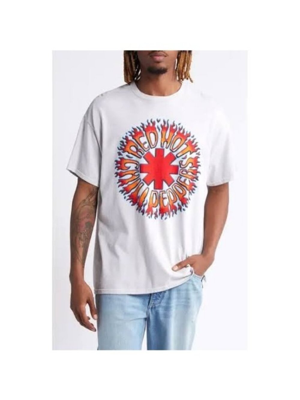 Red Hot Chili Peppers Flaming Spell Out Graphic Print Band Tee L T-Shirt RHCP